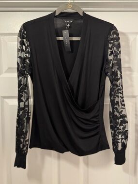 Adiva Black Surplice Top with Lace Sleeves